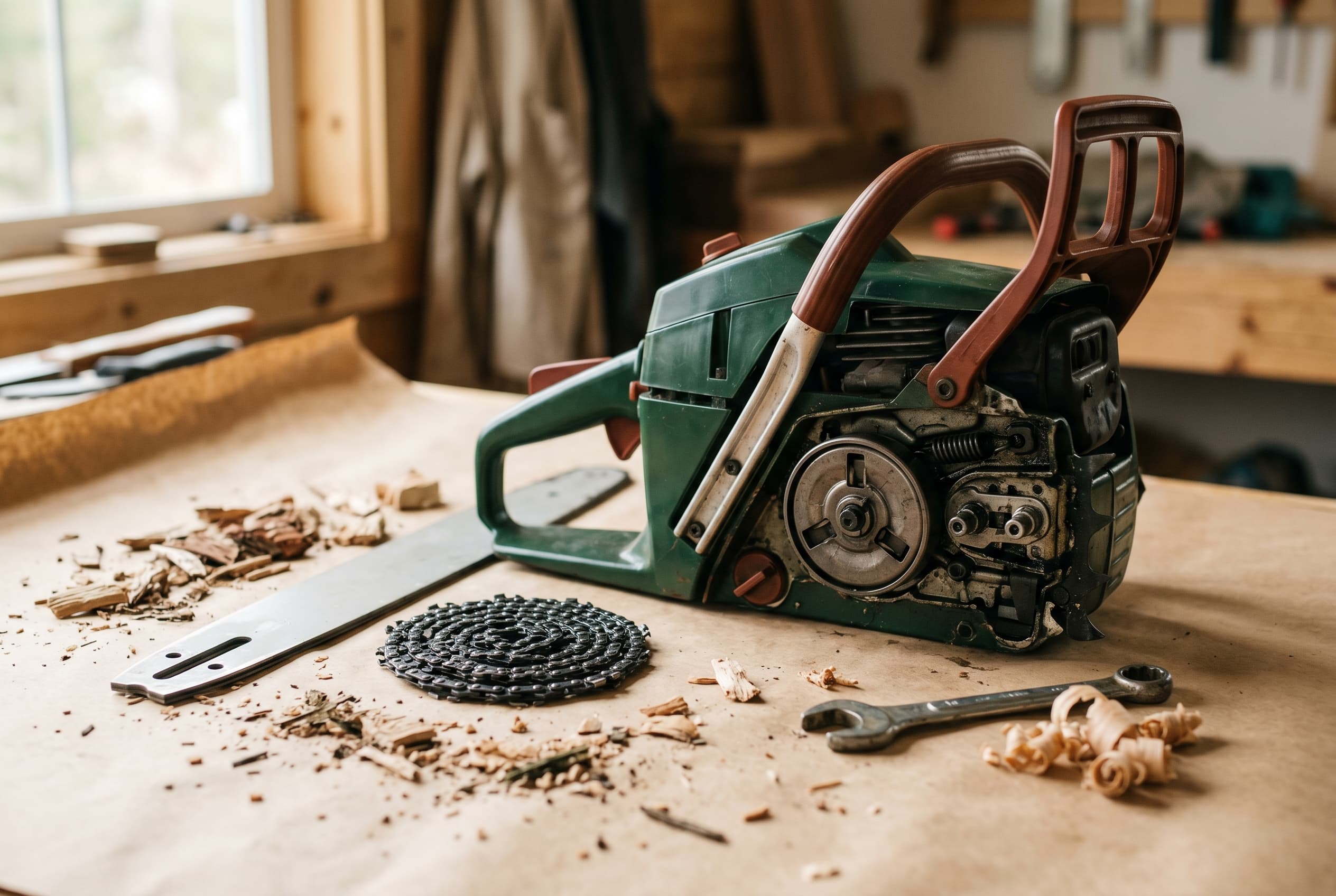 Swapping a Chainsaw Bar and Chain in the Shop